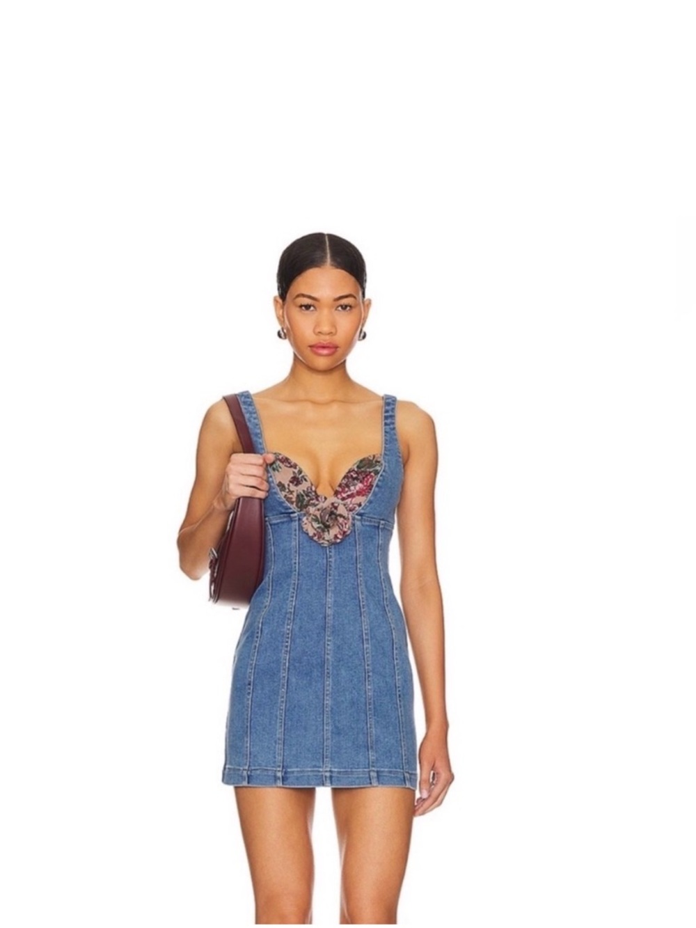 MAJORELLE Blue Denim Mini Dress with Floral Trim